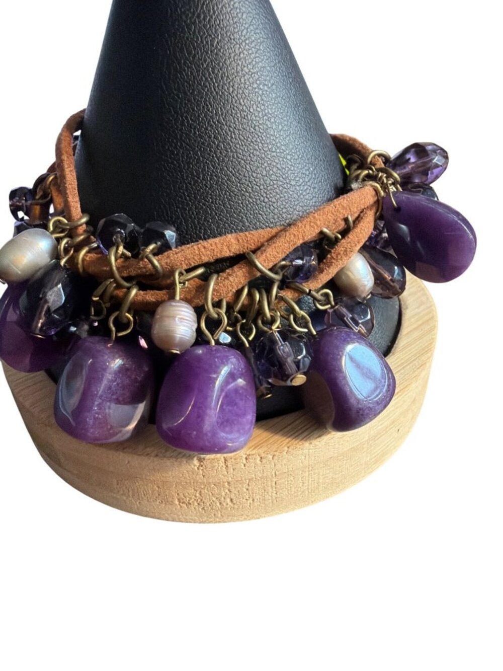 Brown Suede Leather Bracelet With Amethyst Pearls Beads Multi Strand Boho 6.5"